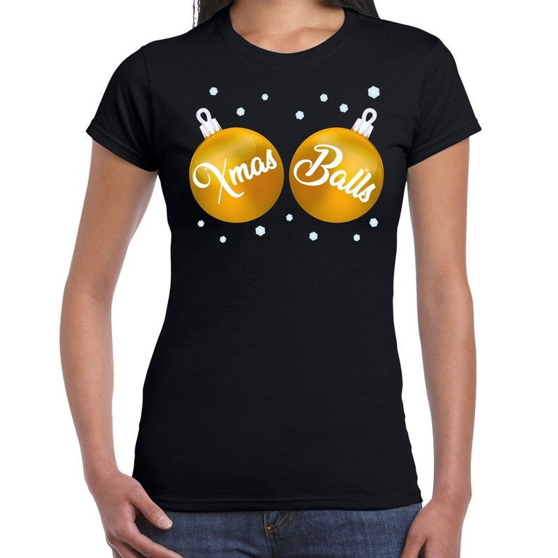 Fout kerst t-shirt zwart met gouden Xmas balls voor dames