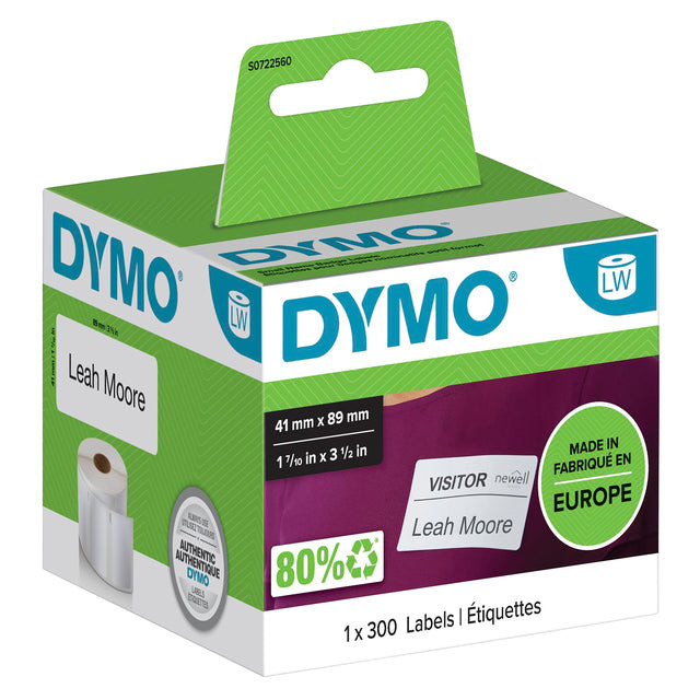 Dymo etiketten LabelWriter ft 89 x 41 mm, verwijderbaar, wit, 300 etiketten