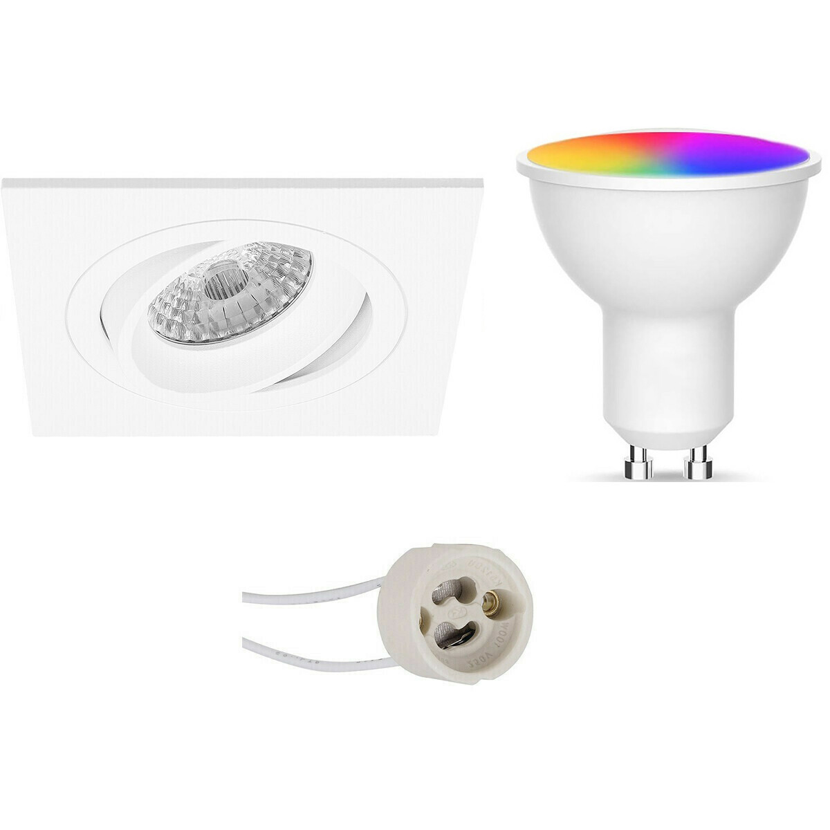 LED Spot Set GU10 - Facto - Smart LED - Wifi LED - Slimme LED - 5W - RGB+CCT - Aanpasbare Kleur - Dimbaar - Pragmi Borny Pro - Inbouw Vierkant - Mat Wit - Kantelbaar - 92mm