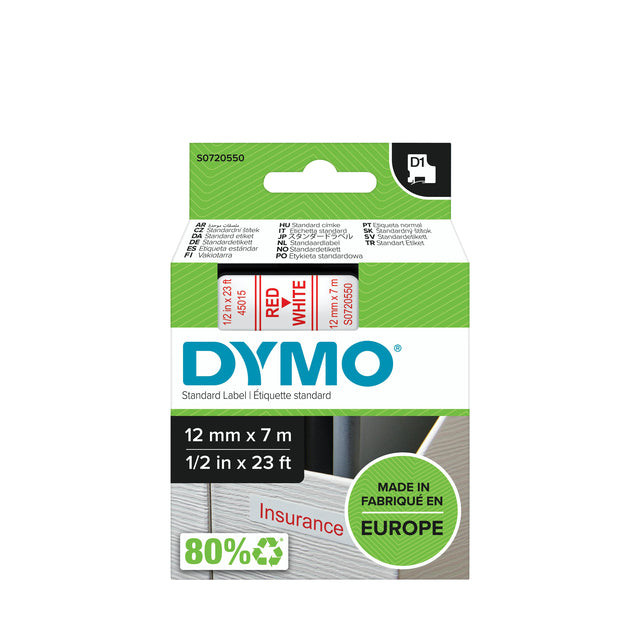 Labeltape Dymo 45015 D1 720550 12mmx7m rood op wit