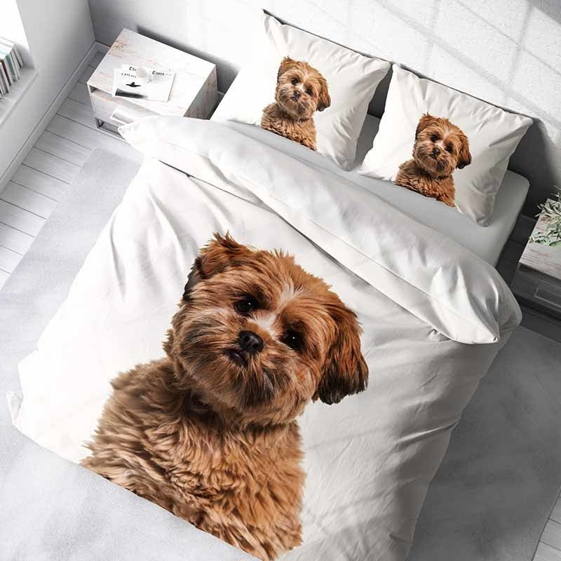 Dekbedovertrek Hond - Tweepersoons (200x200 cm) - Wit & Bruin Polyester-katoen - Dessin: Dieren - DLC - Dekbed-Discounter.nl