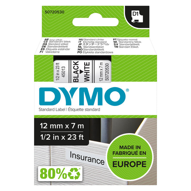 Labeltape Dymo 45013 D1 720530 12mmx7m zwart op wit | 1 stuk