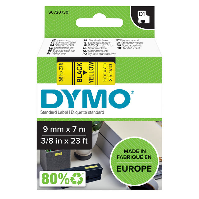 Dymo D1 tape 9 mm, zwart op geel