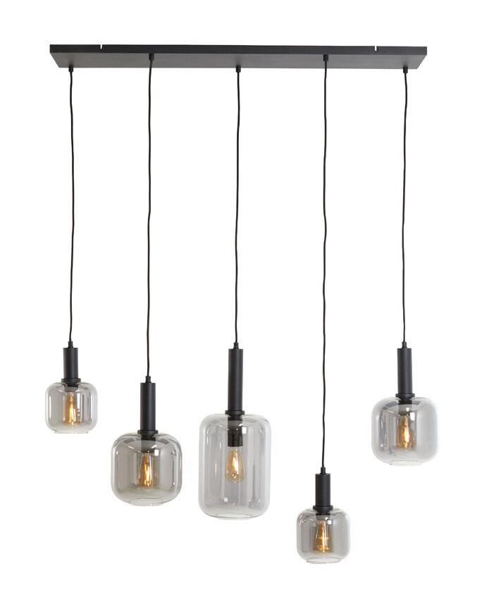 Light & Living Hanglamp Lekar 5-Lamps - Mat Zwart / Smoke