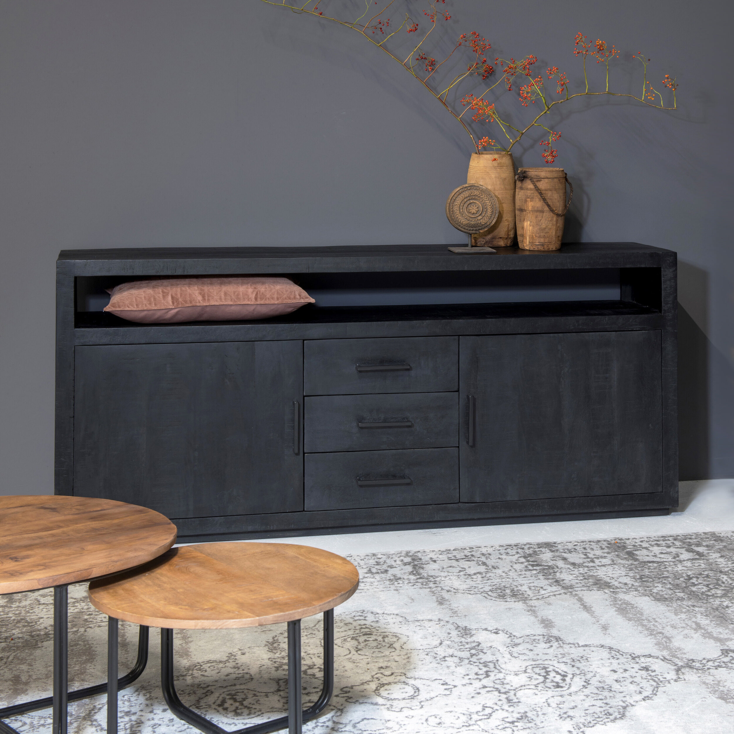 Livingfurn Dressoir Jaxx Mangohout, 180cm - Zwart