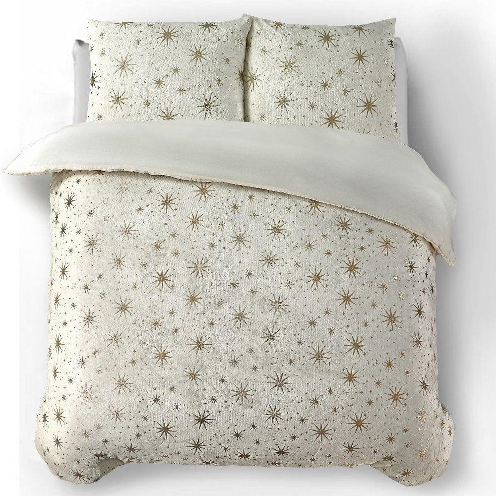 RoyalTextile - Glamour Stars Foil Dekbedovertrek Flanel - Crème - 240 x 220