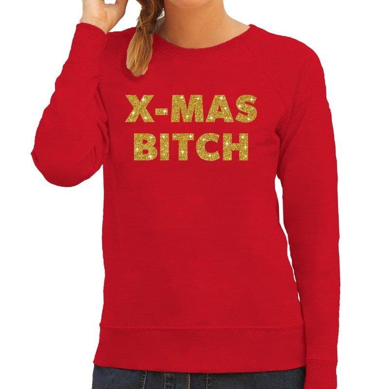 Kersttrui Christmas Bitch gouden glitter letters rood dames