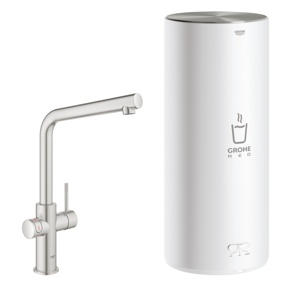 Grohe Red New Duo kokend water kraan met L uitloop en L formaat boiler RVS