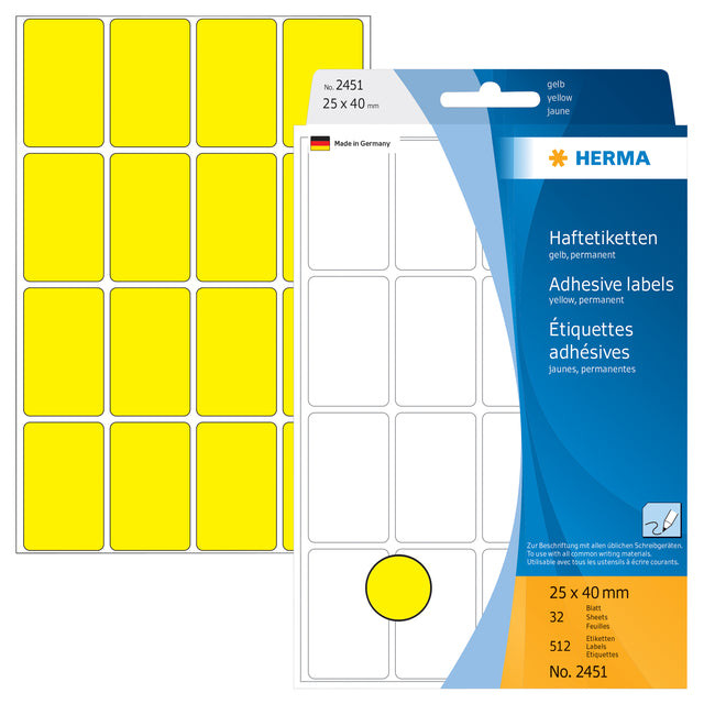 Etiket HERMA 2451 25x40mm geel 512stuks