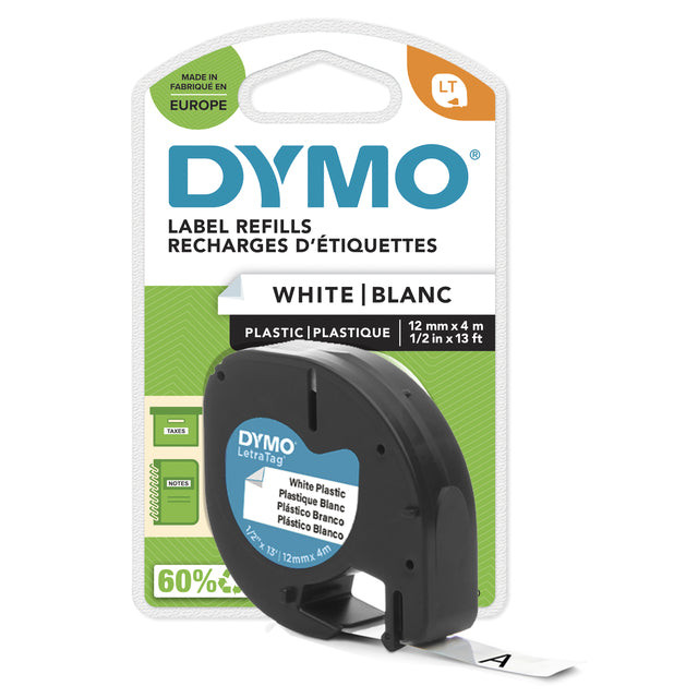 Labeltape Dymo Letratag 91201 plastic 12mm zwart op wit | 1 stuk