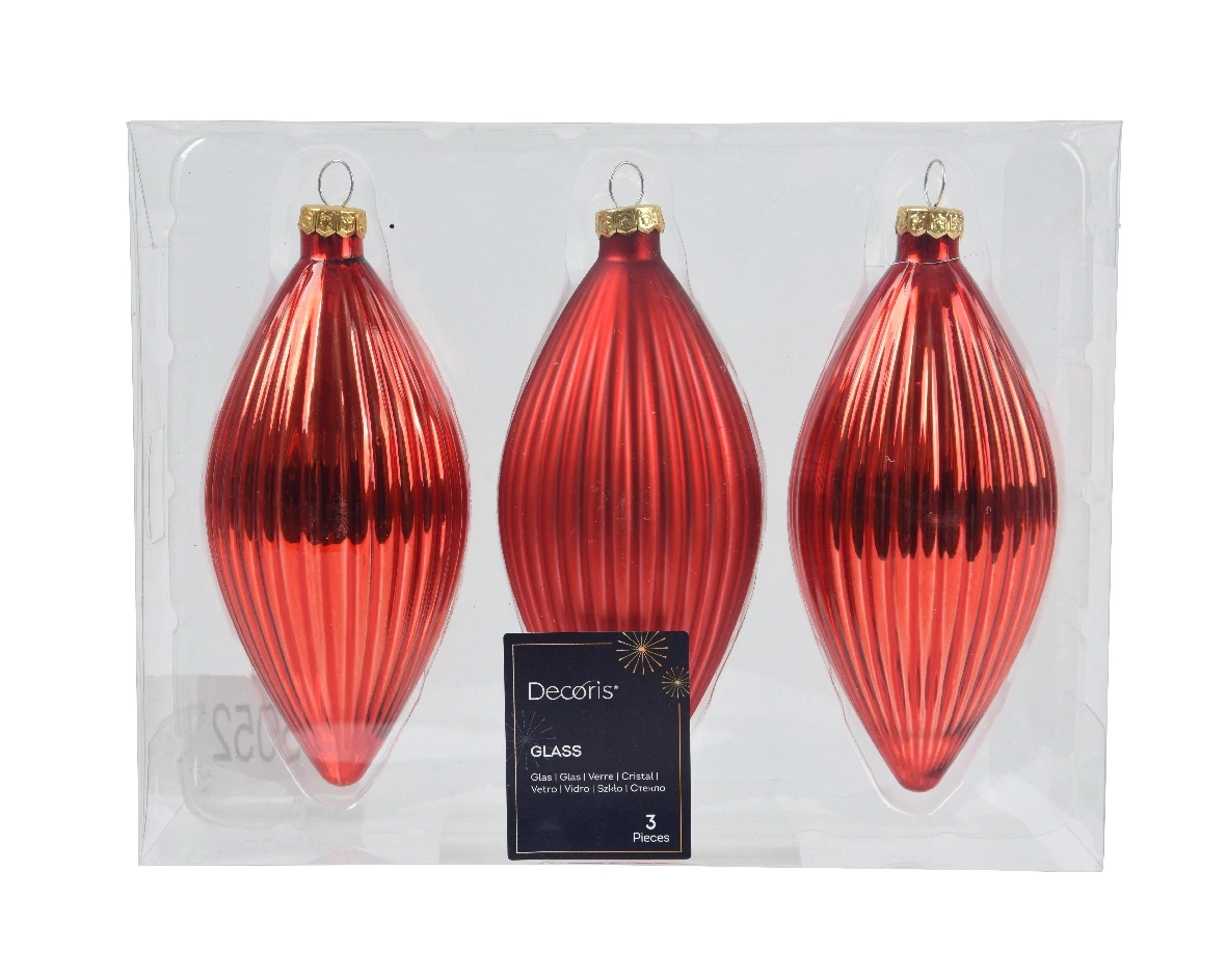 Decoris kerstornament glas olijf 3st Kerstrood 13cm