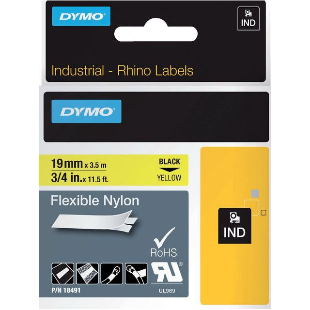 Labeltape Dymo Rhino 18491 nylon 19mmx3.5m zwart op geel