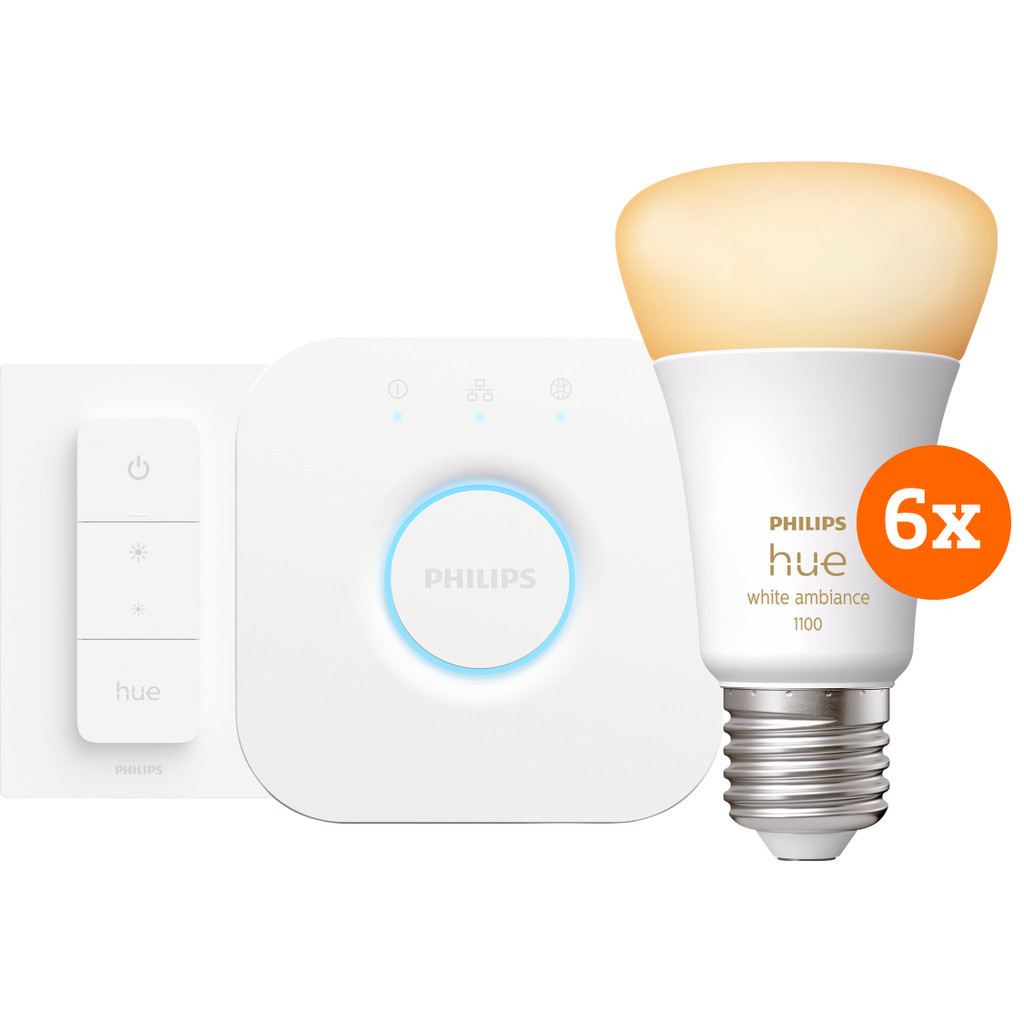 Philips Hue White Ambiance Starter Pack E27 met 6 lampen, dimmer + bridge