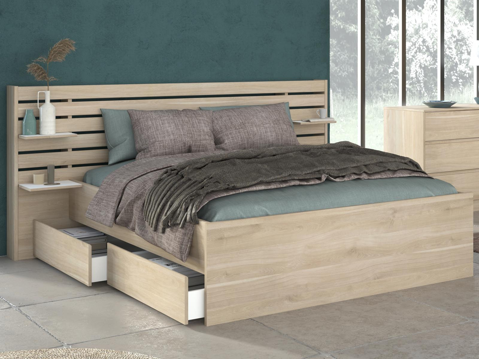 Tweepersoonsbed ESCAPE 140x200 cm japanse eik met 2 lades