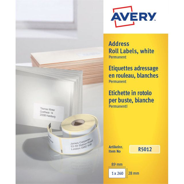 Etiket Avery R5012 thermisch 89x28mm wit 260stuks