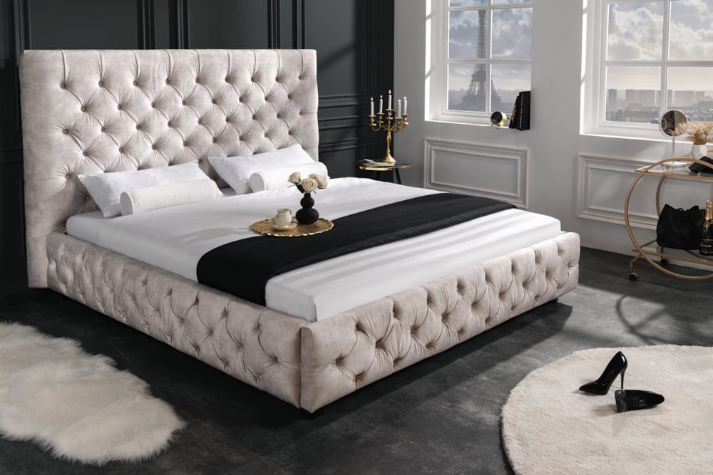 Design tweepersoonsbed PARIS 180x200cm champagne fluweel Chesterfield gestoffeerd bed - 43105