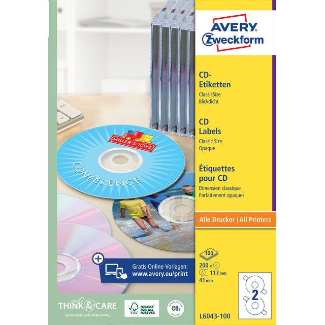 Etiket Avery Zweckform L6043-100 CD wit 200stuks