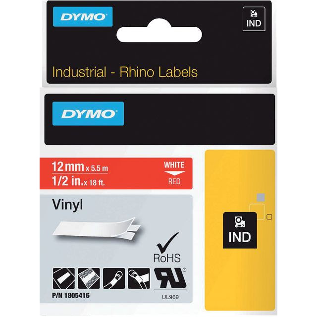 Dymo RHINO vinyltape 12 mm, wit op rood