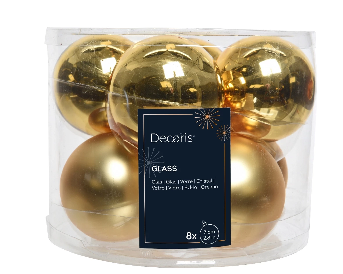 Decoris kerstballen Glas 8st licht goud 7cm