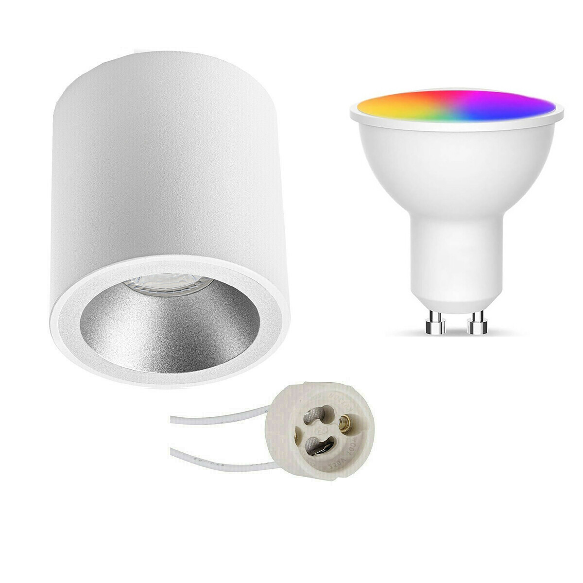 Opbouwspot Set GU10 - Facto - Smart LED - Wifi LED - Slimme LED - 5W - RGB+CCT - Aanpasbare Kleur - Dimbaar - Pragmi Cliron Pro - Opbouw Rond - Mat Wit/Zilver - Verdiept - Ø90mm