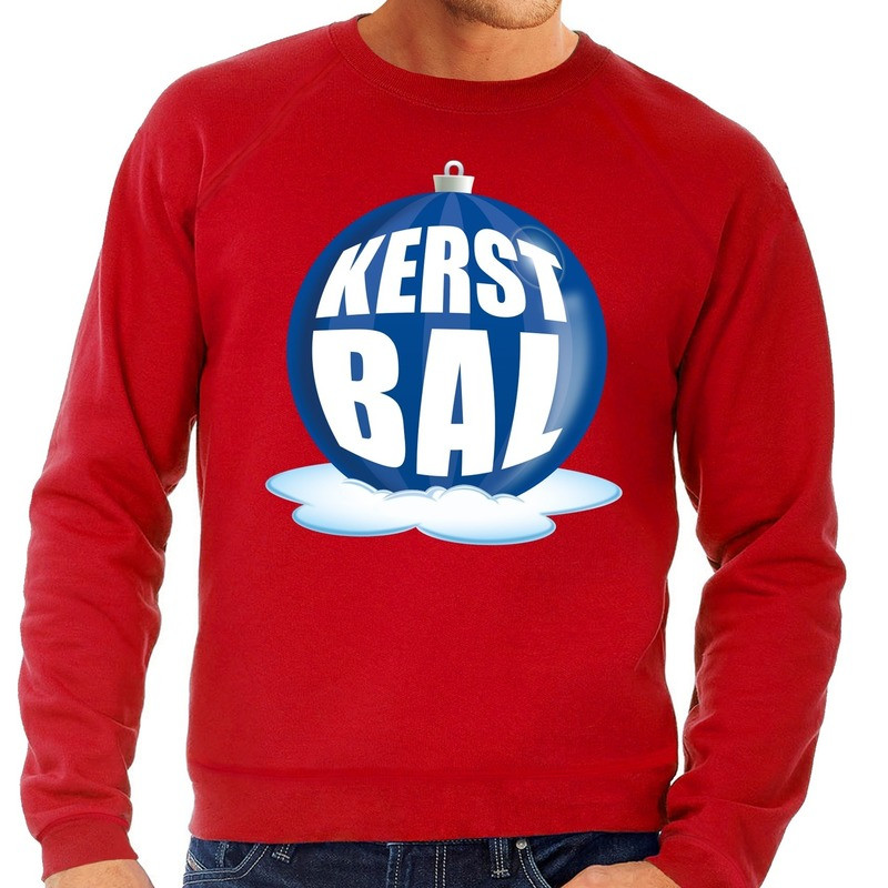 Foute kersttrui kerstbal blauw op rode sweater voor heren