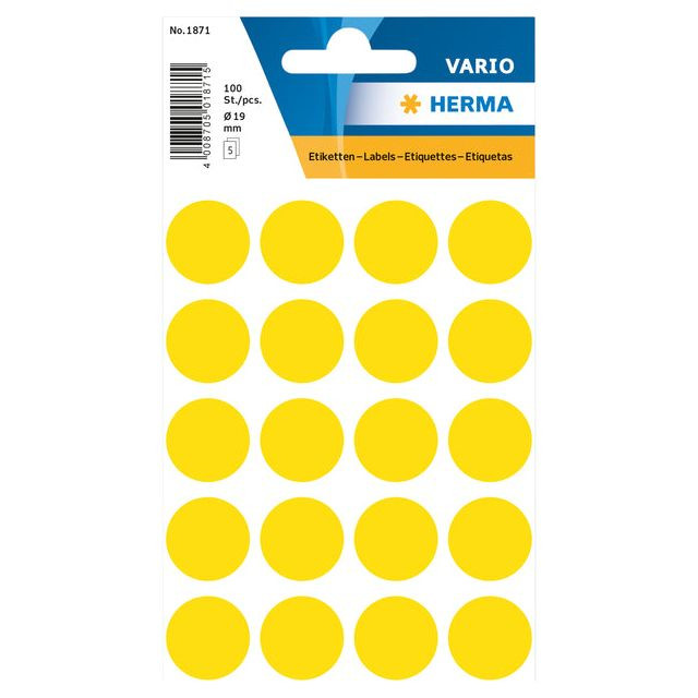 Etiket HERMA 1871 rond 19mm geel 100stuks | Blister a 5 vel