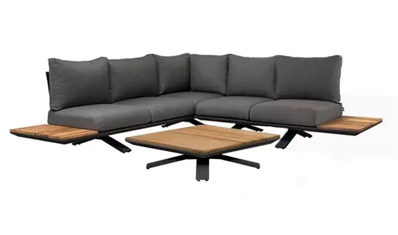 Loungeset Stockholm 3-pers. New teak Light Antracite Mixed Wave tafel 90x90cm