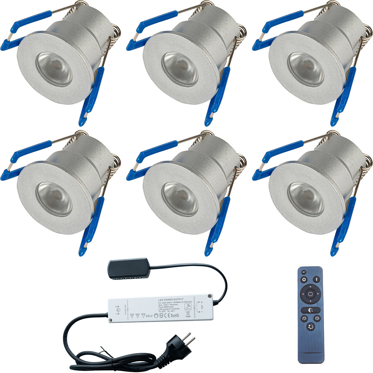 LED Veranda Spot Complete Set - Velvalux - 6 Stuks - 3W - Warm Wit 3000K - Dimbaar - Waterdicht IP65 - Inbouw - Rond - Mat Zilver - Aluminium - 12V