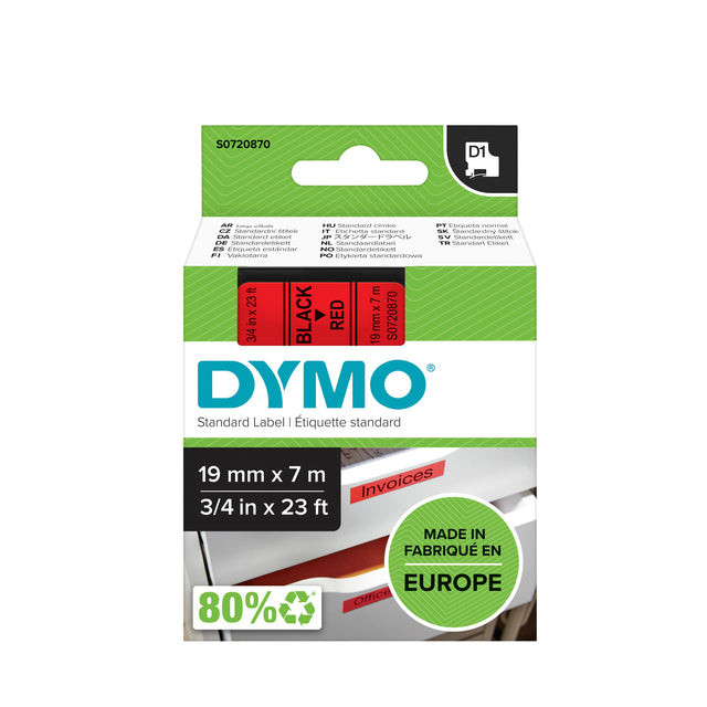 Dymo D1 tape 19 mm, zwart op rood