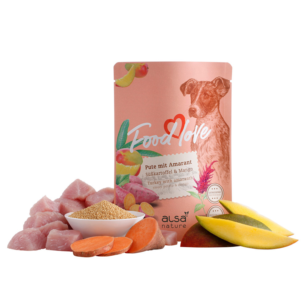 alsa-nature FOODLOVE Kalkoen met amarant, zoete aardappel & mango, 300 g, Aantal: 60 x 300 g