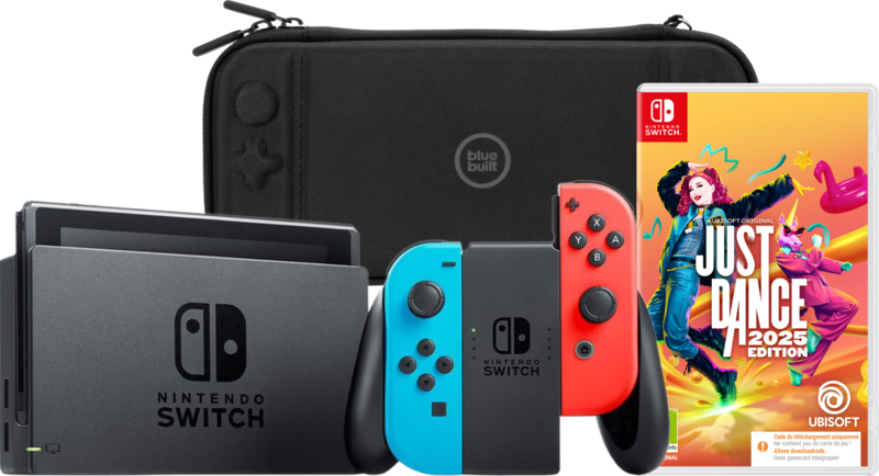 Nintendo Switch Rood/Blauw + Just Dance 2025 + BlueBuilt Beschermhoes