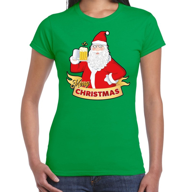 Fout kerstshirt groen santa met pul bier voor dames