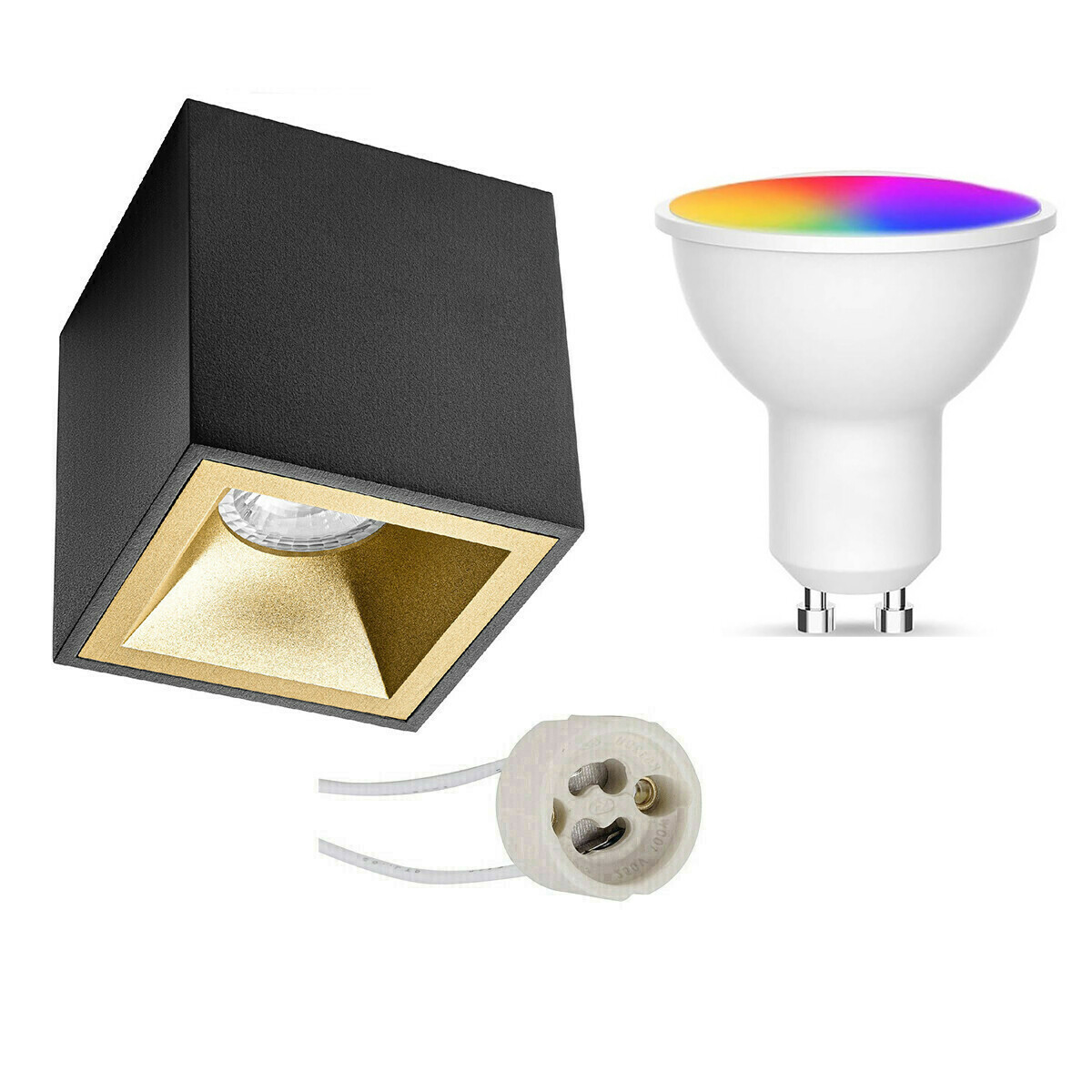 Opbouwspot Set GU10 - Facto - Smart LED - Wifi LED - Slimme LED - 5W - RGB+CCT - Aanpasbare Kleur - Dimbaar - Pragmi Cliron Pro - Opbouw Vierkant - Mat Zwart/Goud - Verdiept - 90mm