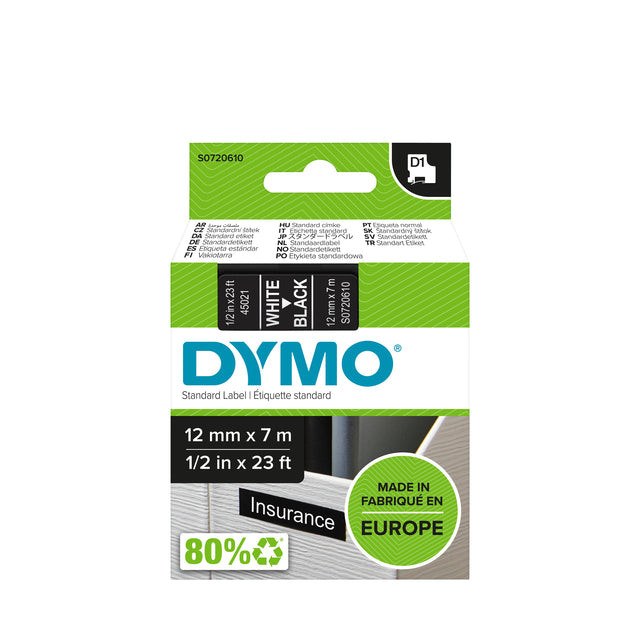 Dymo D1 tape 12 mm, wit op zwart