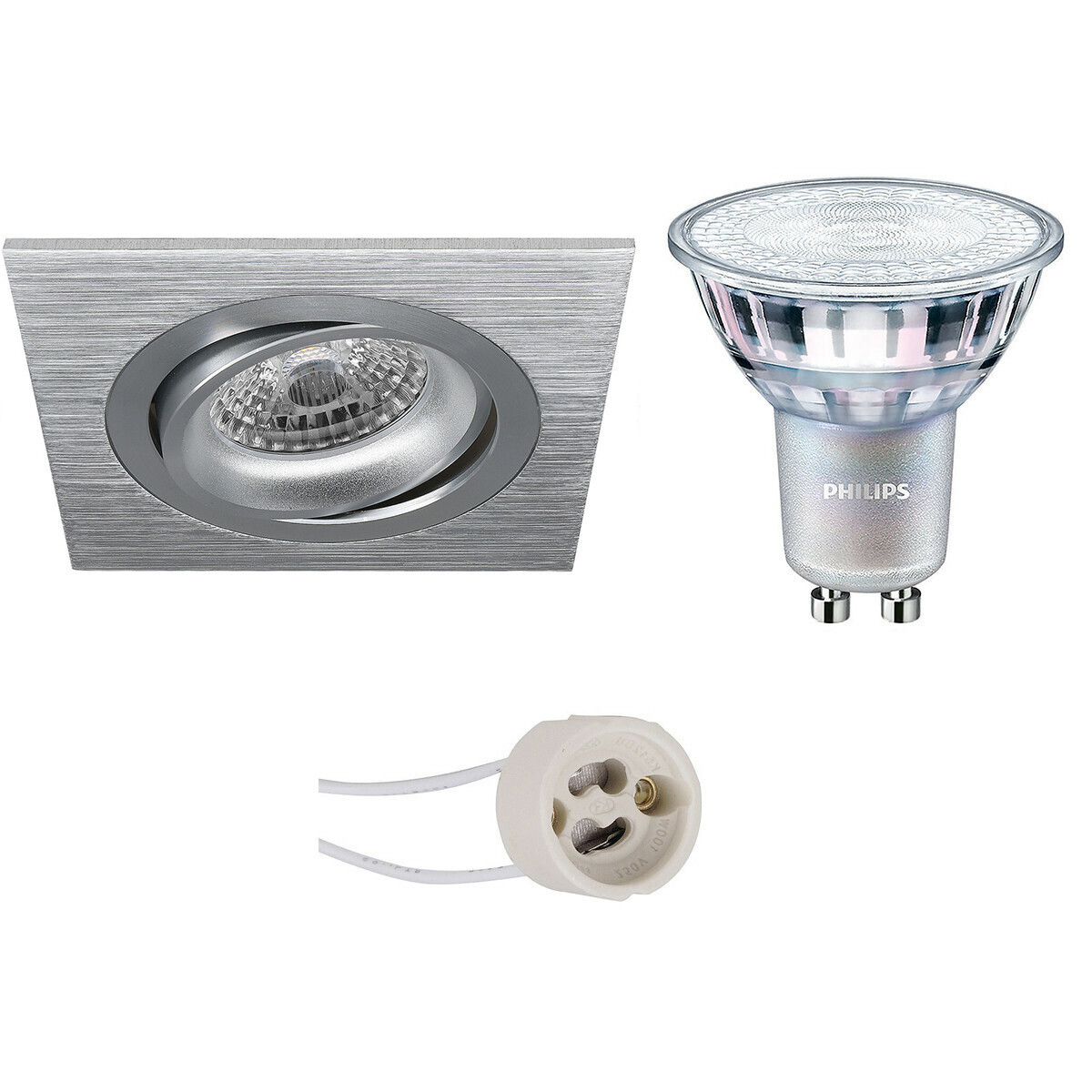 LED Spot Set - Pragmi Borny Pro - GU10 Fitting - Inbouw Vierkant - Mat Zilver - Kantelbaar - 92mm - Philips - MASTER 927 36D VLE - 3.7W - Warm Wit 2200K-2700K - DimTone Dimbaar