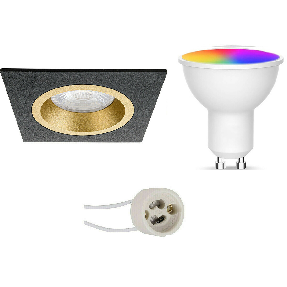 LED Spot Set GU10 - Facto - Smart LED - Wifi LED - Slimme LED - 5W - RGB+CCT - Aanpasbare Kleur - Dimbaar - Pragmi Rodos Pro - Inbouw Vierkant - Mat Zwart/Goud - 93mm