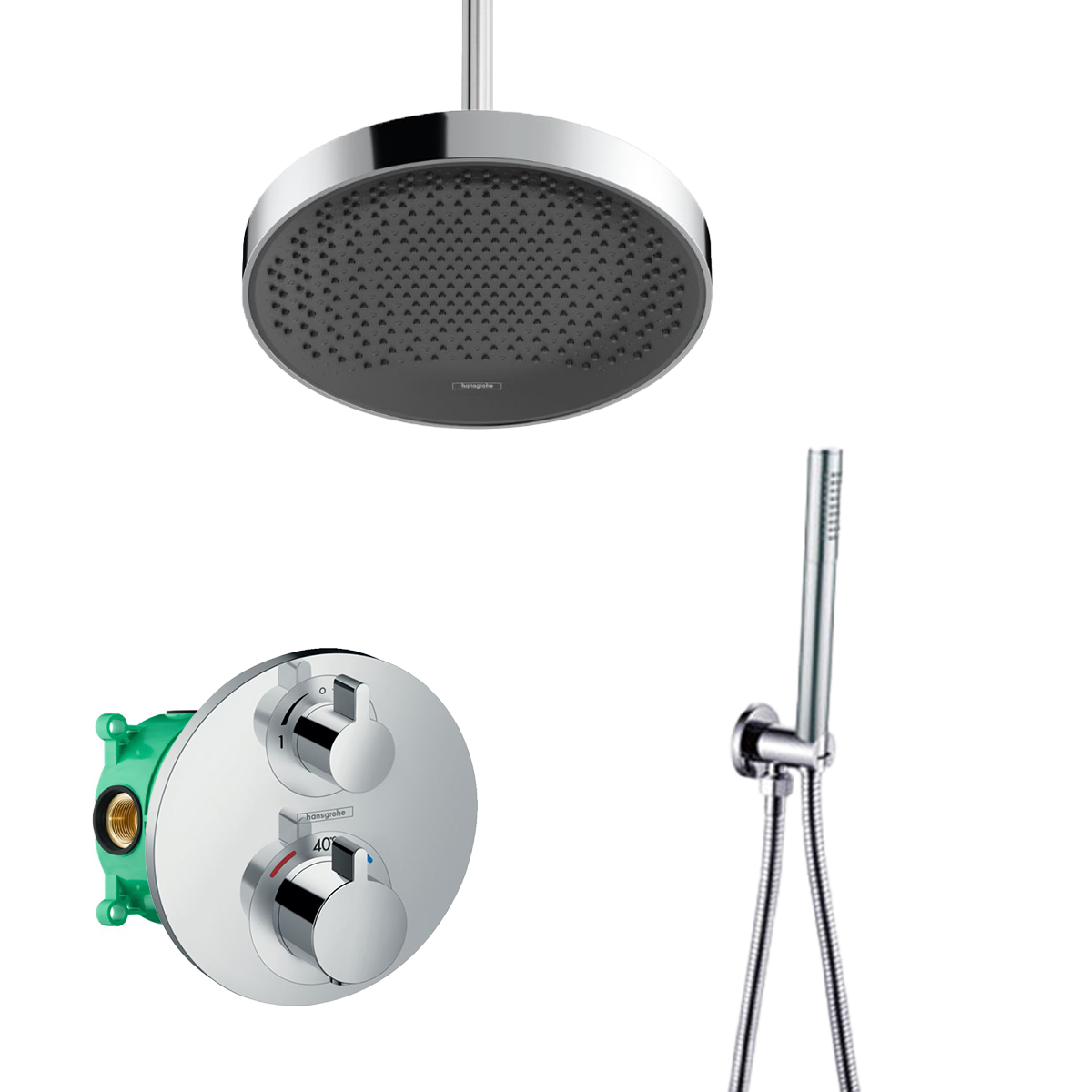 Hansgrohe Rainfinity inbouw regendouche met thermostaatkraan Ecostat S en Saniclear plafondarm chroom