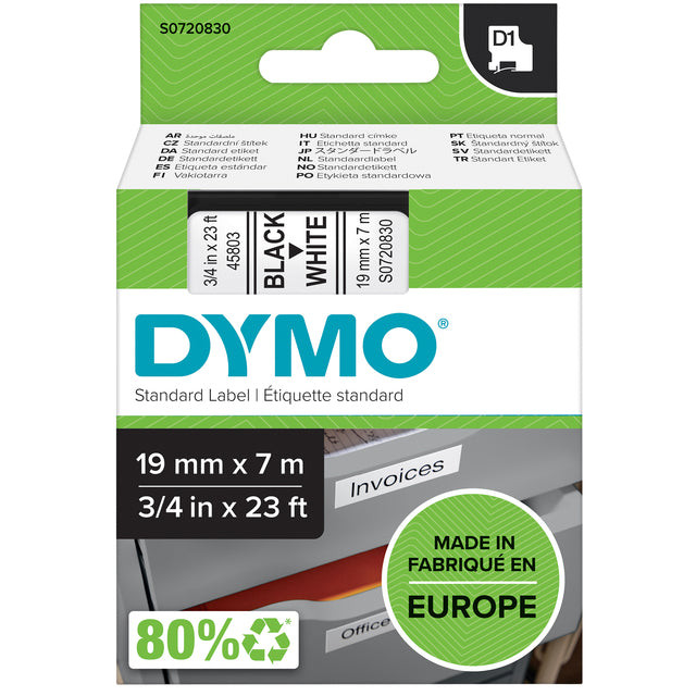 Labeltape Dymo 45803 D1 720830 19mmx7m zwart op wit | 5 stuks