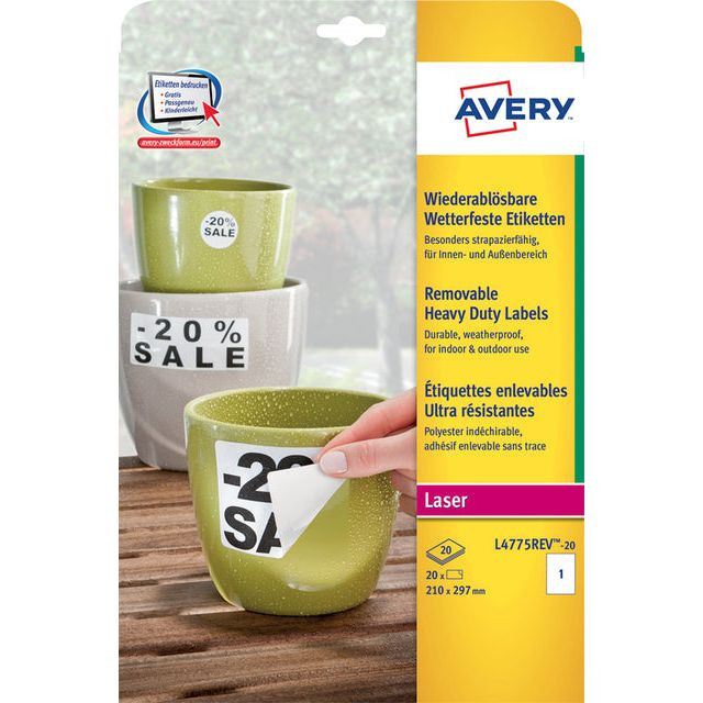 Avery afneembare weerbestendige etiketten ft 210 x 297 mm (b x h), wit, doos van 20 etiketten