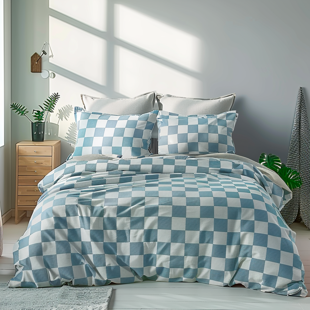 Dekbedovertrek Chess Block - Lits-Jumeaux (240x220 cm) - Blauw Microvezel - Dessin: - Luna Bedding - Dekbed-Discounter.nl