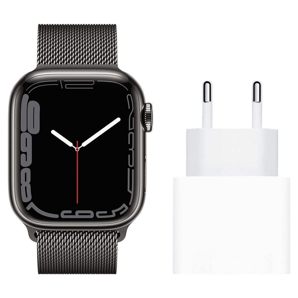 Apple Watch Series 7 4G 41mm Grafiet Rvs Milanese Polsband + Apple Usb C Oplader 20W