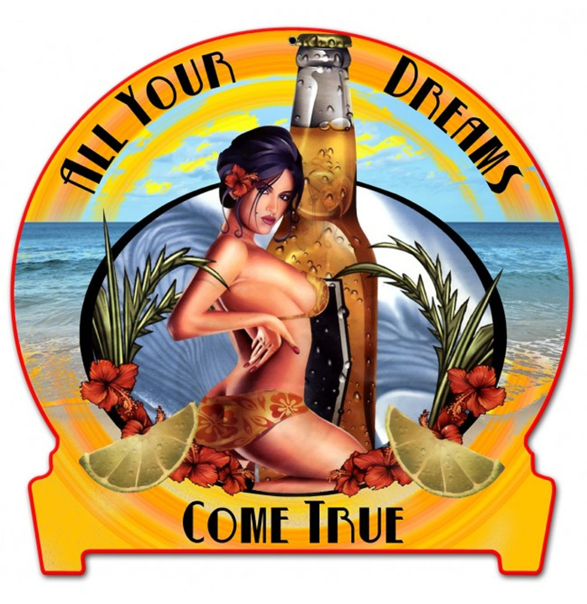 Beer Bottle Lime Girl Half Moon Pin-Up Zware Metalen Bord 40 x 40 cm