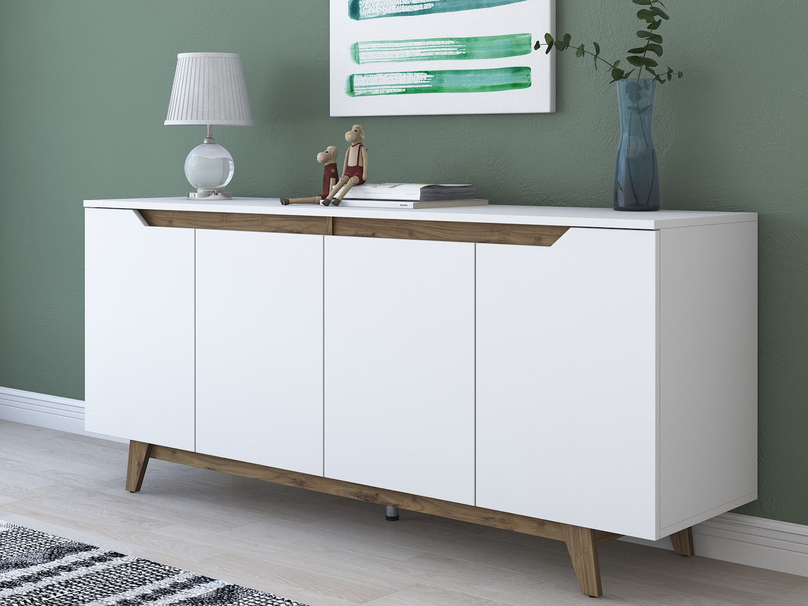 Dressoir GOLDAS 4 deuren wit/walnoot