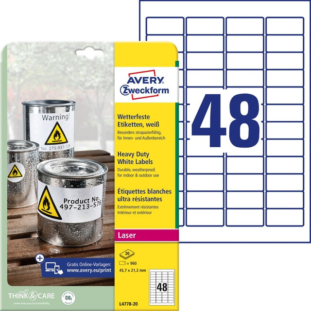 Avery L4778-20 ultra-sterke etiketten ft 45,7 x 21,2 mm (b x h), 960 etiketten, wit