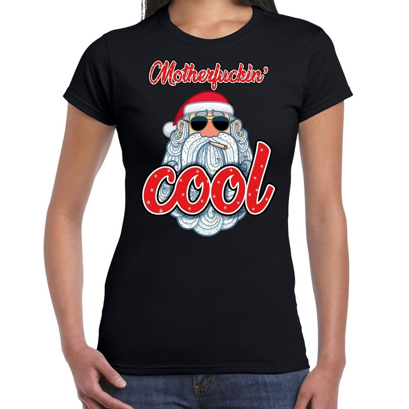 Fout kerst shirt stoere kerstman motherfucking cool zwart dames