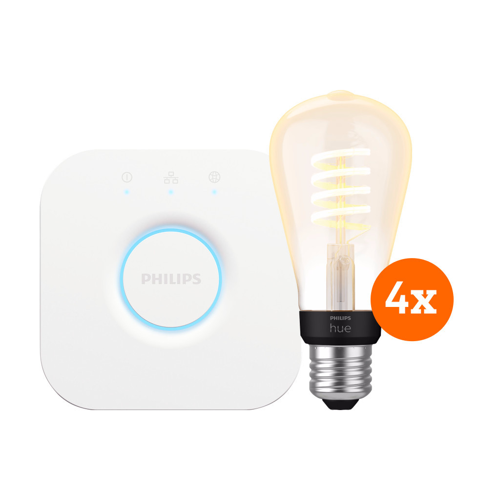 Philips Hue Filament White Ambiance Edison 4-Pack + Bridge