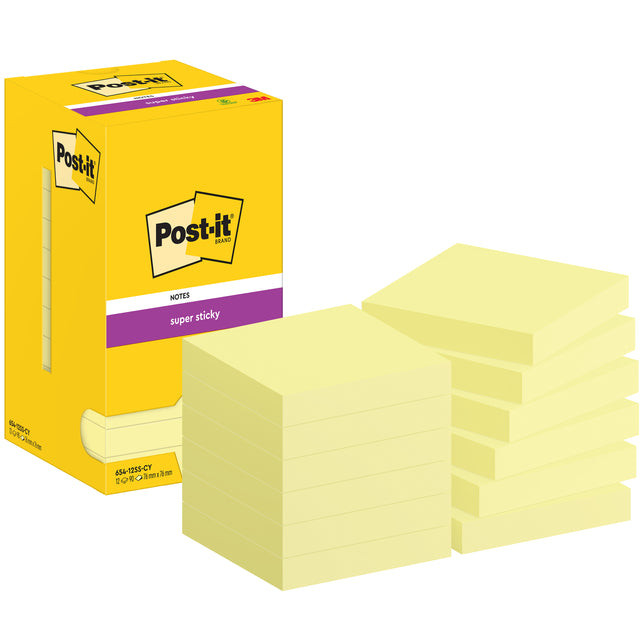 Post-It Super Sticky Notes, 90 vel, ft 76 x 76 mm, geel, pak van 12 blokken