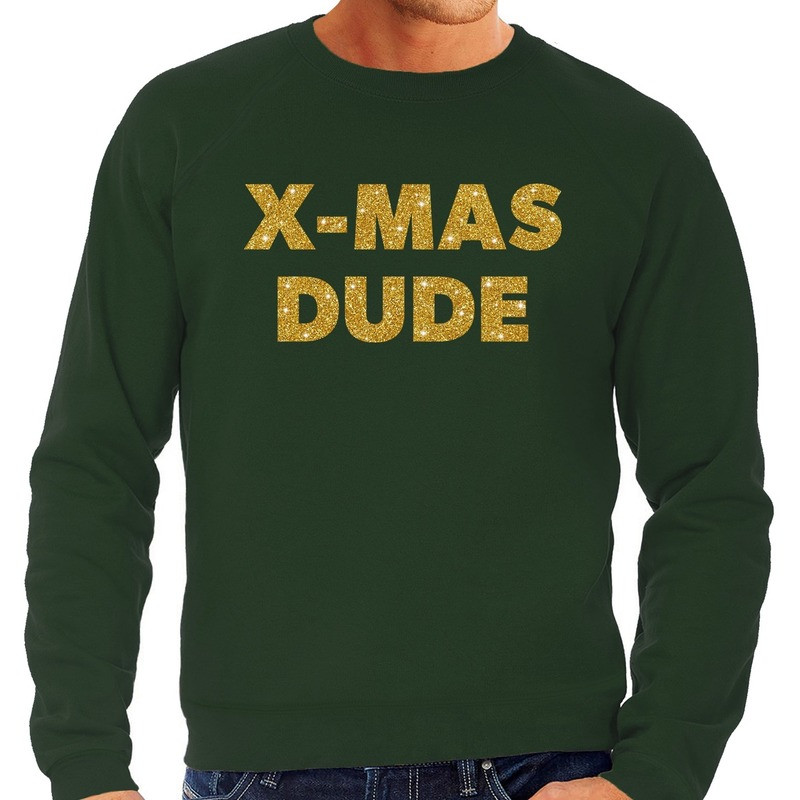 Foute Kersttrui x-mas dude gouden glitter letters groen heren