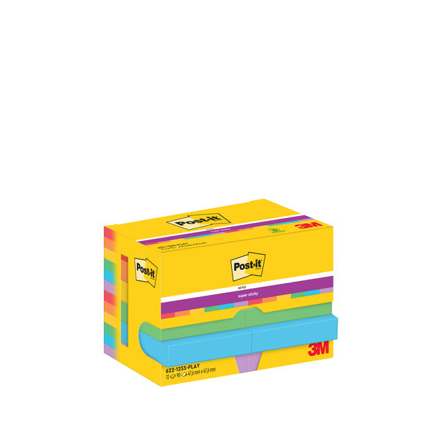 Post-It Super Sticky Notes Playful, 90 vel, ft 47,6 x 47,6 mm, pak van 12 blokken