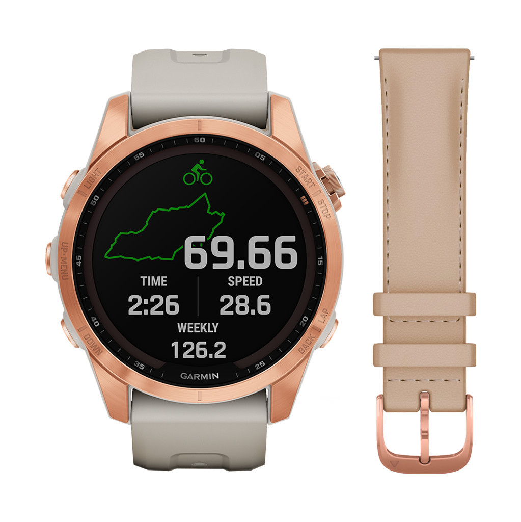 Garmin Fenix 7S Solar Roségoud 42mm + Garmin Leren Bandje Crème 20mm